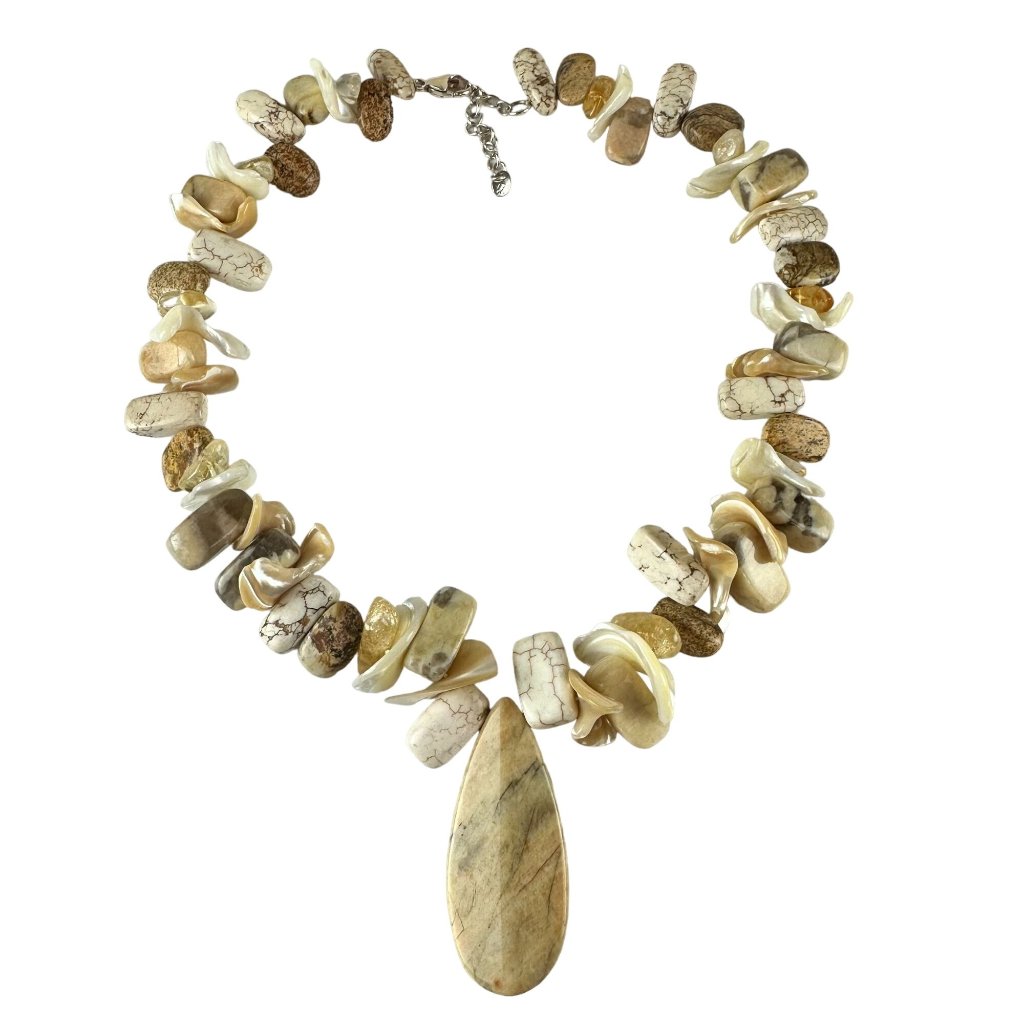 Lucas Lameth Natural Stone Shell Statement Necklace Teardrop Pendant 68$